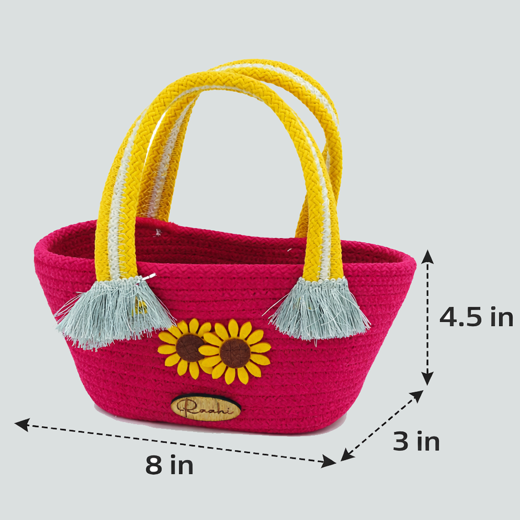 Rudra Kraft Handcrafted Floral Rope Tote Bag – Pink & Yellow - Image 3