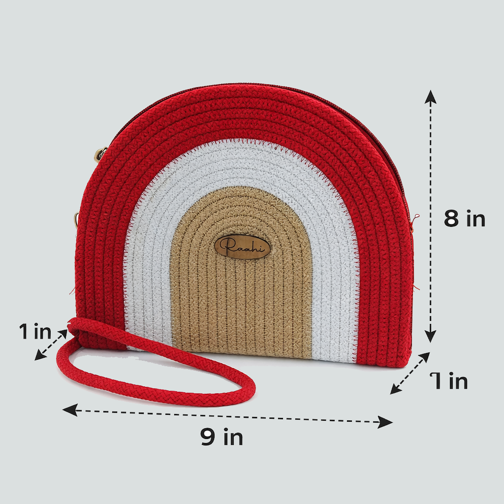 Rudra Kraft Handcrafted Rainbow Rope Sling Bag – Red & Neutral Tones - Image 3