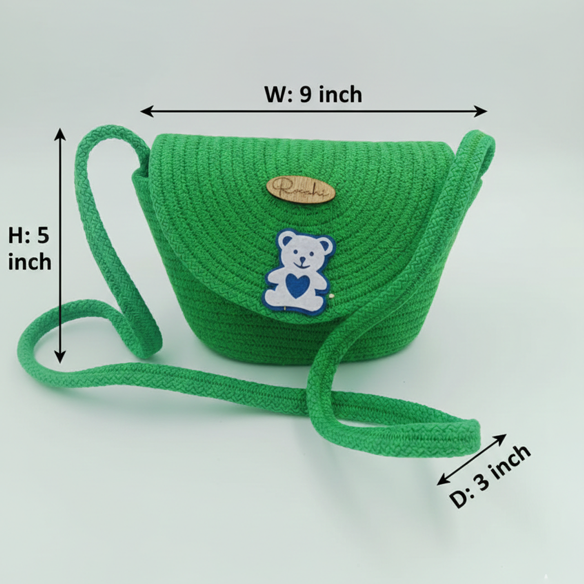 Raahi Handmade Green Rope Sling Bag for Girls & Women | Teddy Patch Crossbody | Lightweight Polyester Shoulder Bag - Image 3