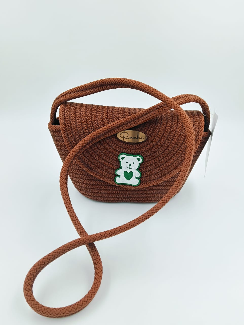 Raahi Handmade Brown Rope Sling Bag for Girls & Women | Teddy Patch Crossbody | Lightweight Polyester Shoulder Bag - Image 3