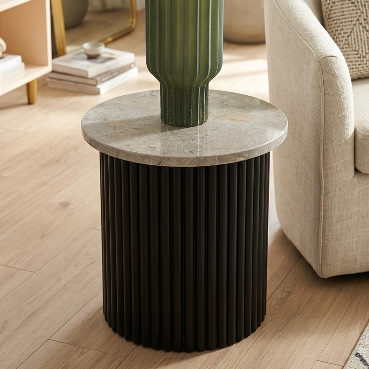 Modern Fluted Side Table with Marble Top | Luxury Accent End Table for Living Room & Bedroom