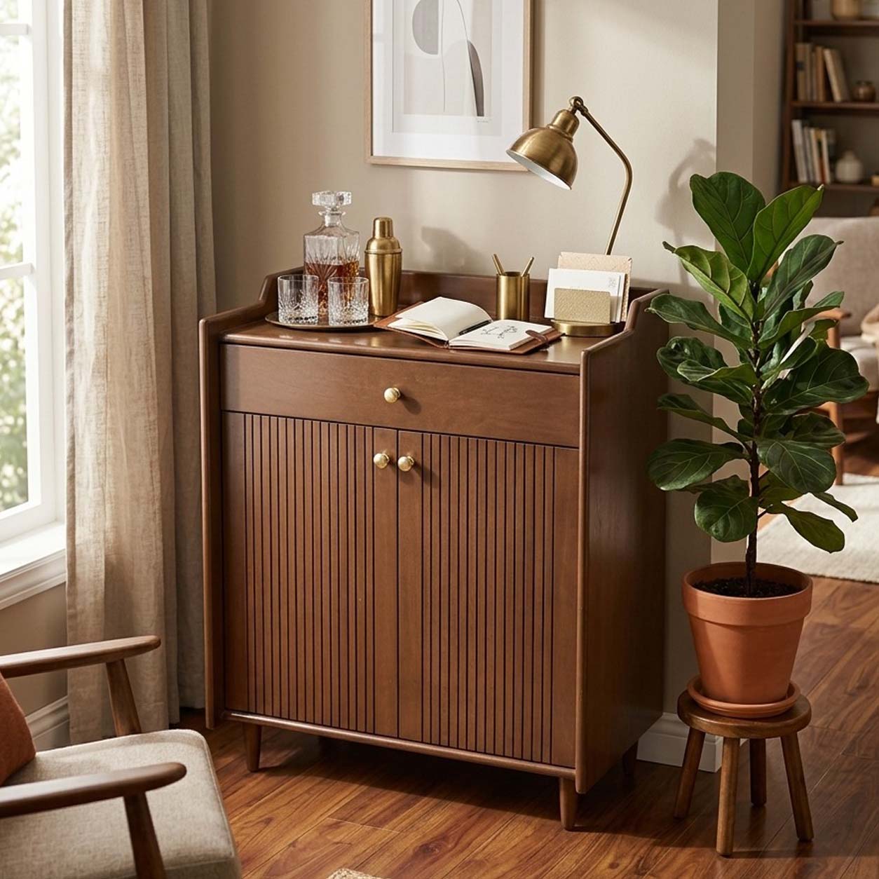 Mid-Century Modern Wooden Bar Cabinet with Storage | Fluted Accent Console