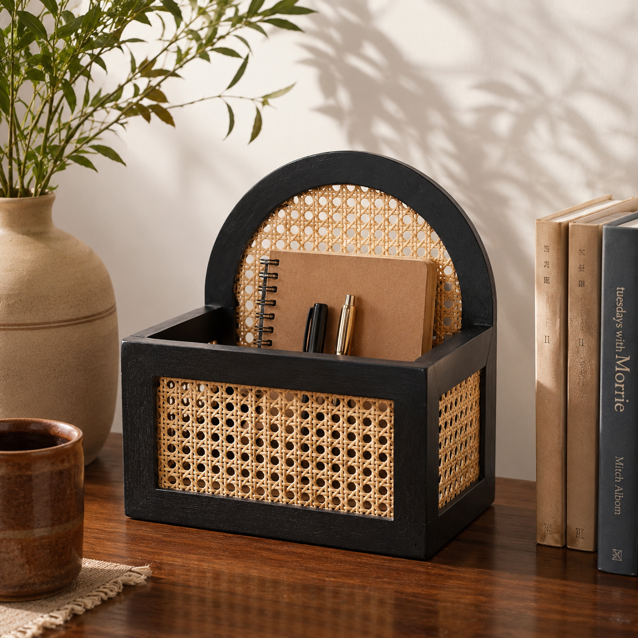 Handcrafted Wooden & Rattan Desktop Organizer Holder for Stationery & Accessories