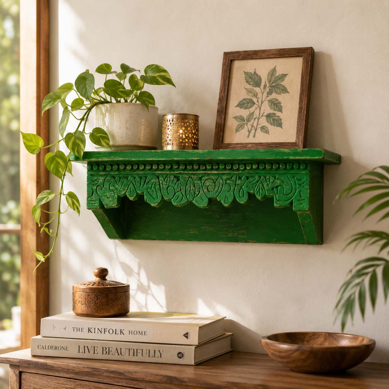 Handcrafted Green Wooden Wall Shelf – Decorative Carved Floating Wall Shelf for Living Room, Bedroom & Home Décor