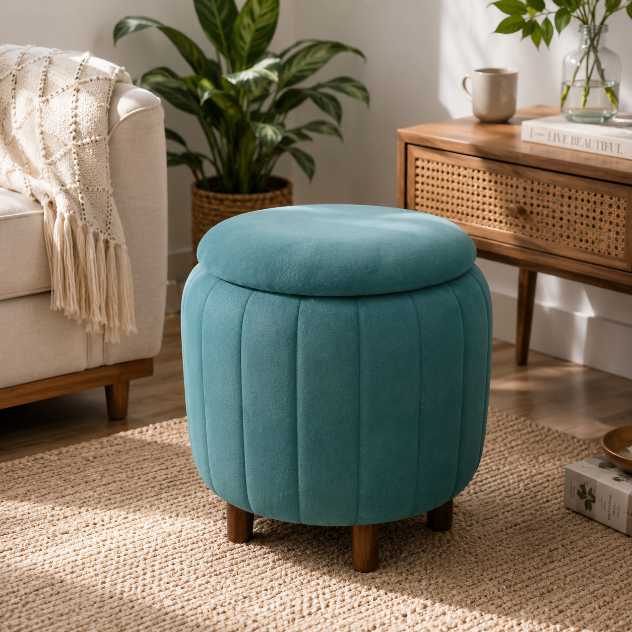 Modern Velvet Storage Ottoman Stool with Wooden Legs for Living Room