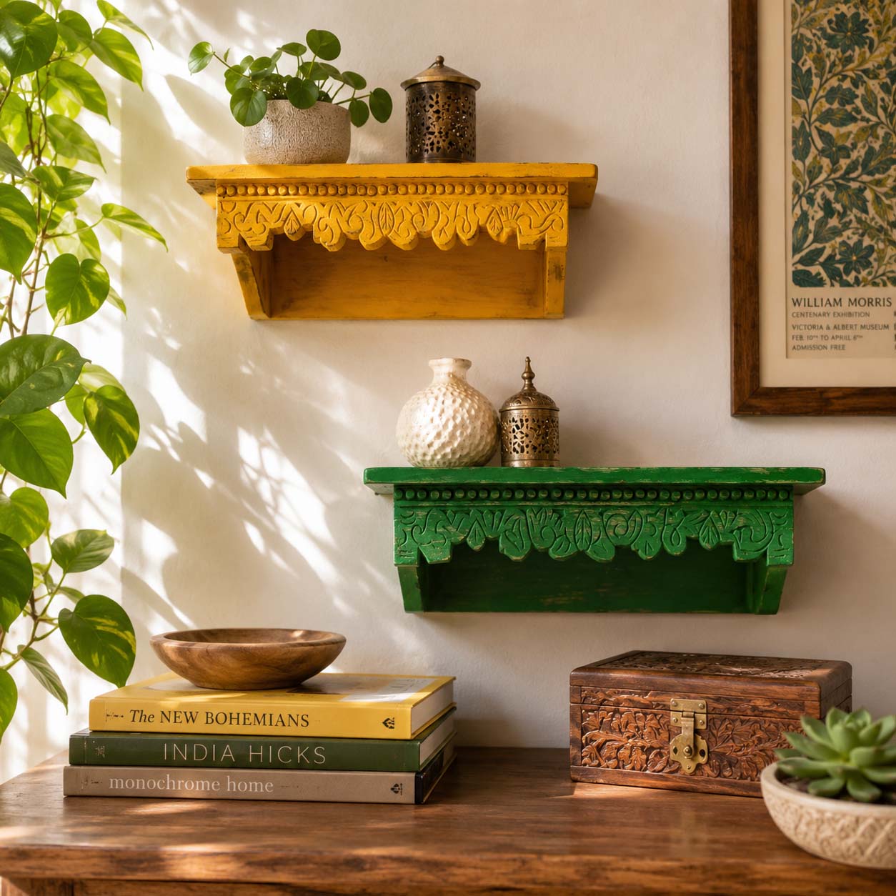 Set of 2 Handcrafted Wooden Floating Wall Shelves – Decorative Green & Yellow Carved Wall Shelves for Home Décor