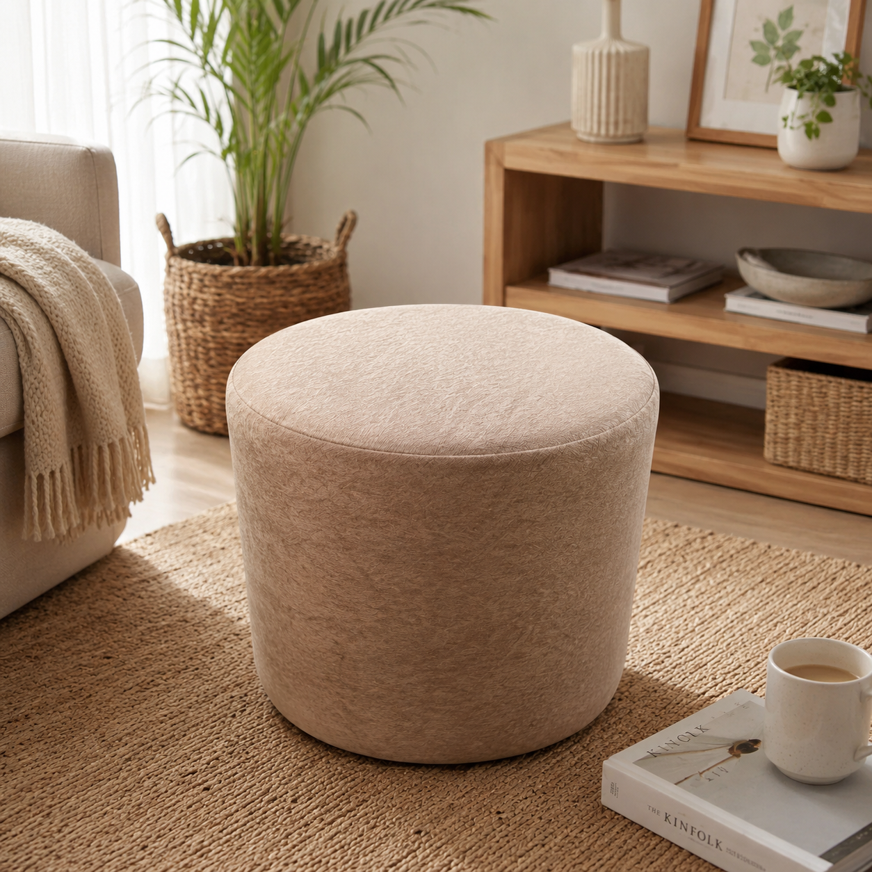 Modern Round Upholstered Ottoman Stool for Living Room & Bedroom