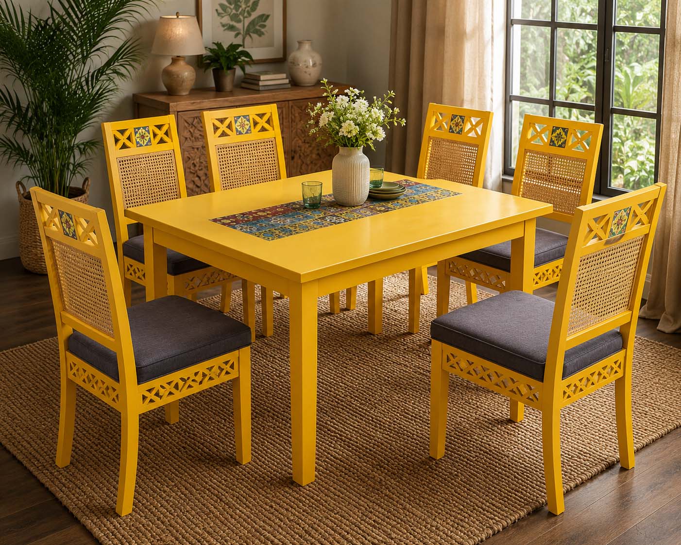Yellow Epoxy Coated Wooden Dining Table Set with Cane Back Chairs – 6 Seater Modern Dining Furniture Set for Home & Dining Room