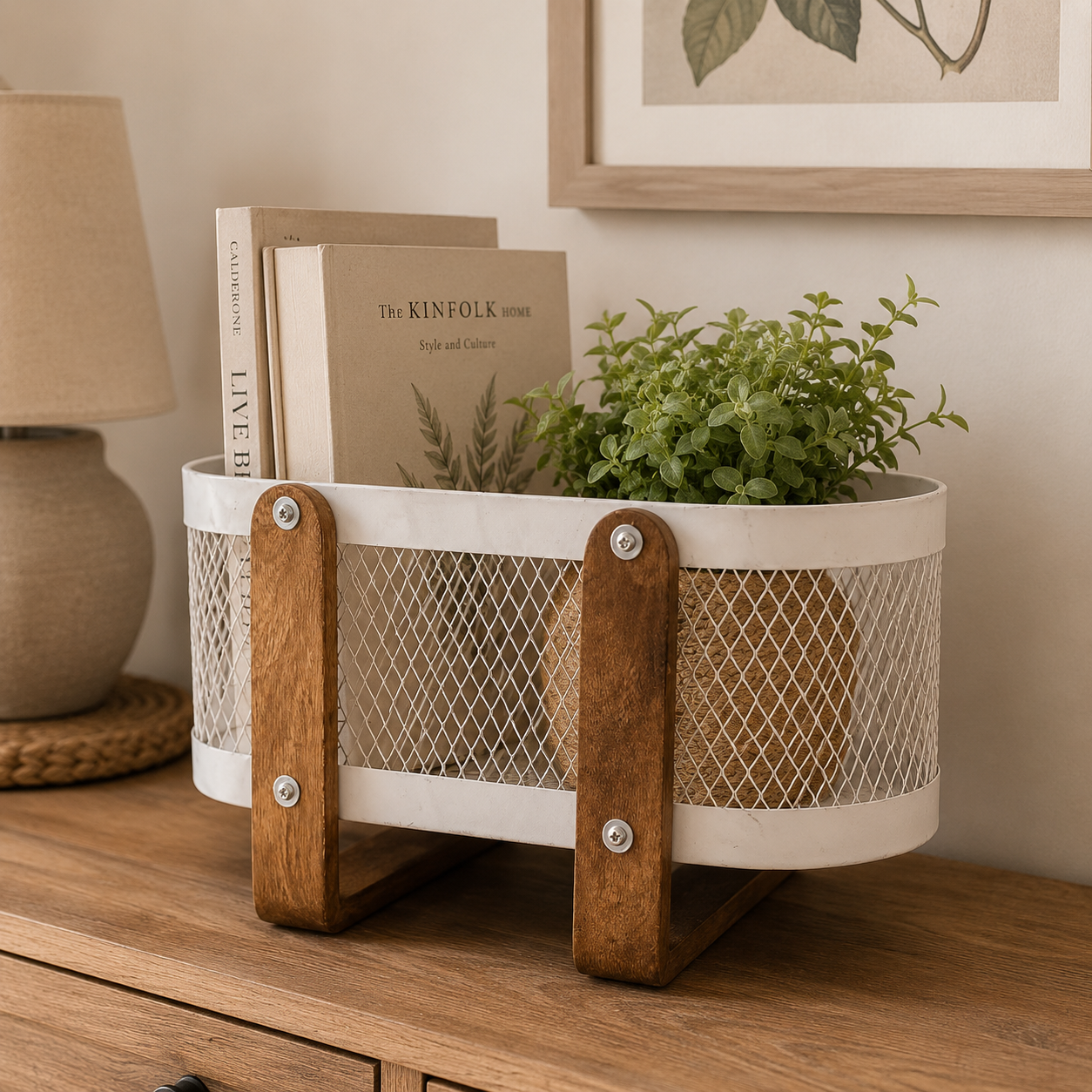 Modern Metal Mesh Magazine Holder with Wooden Stand for Living Room