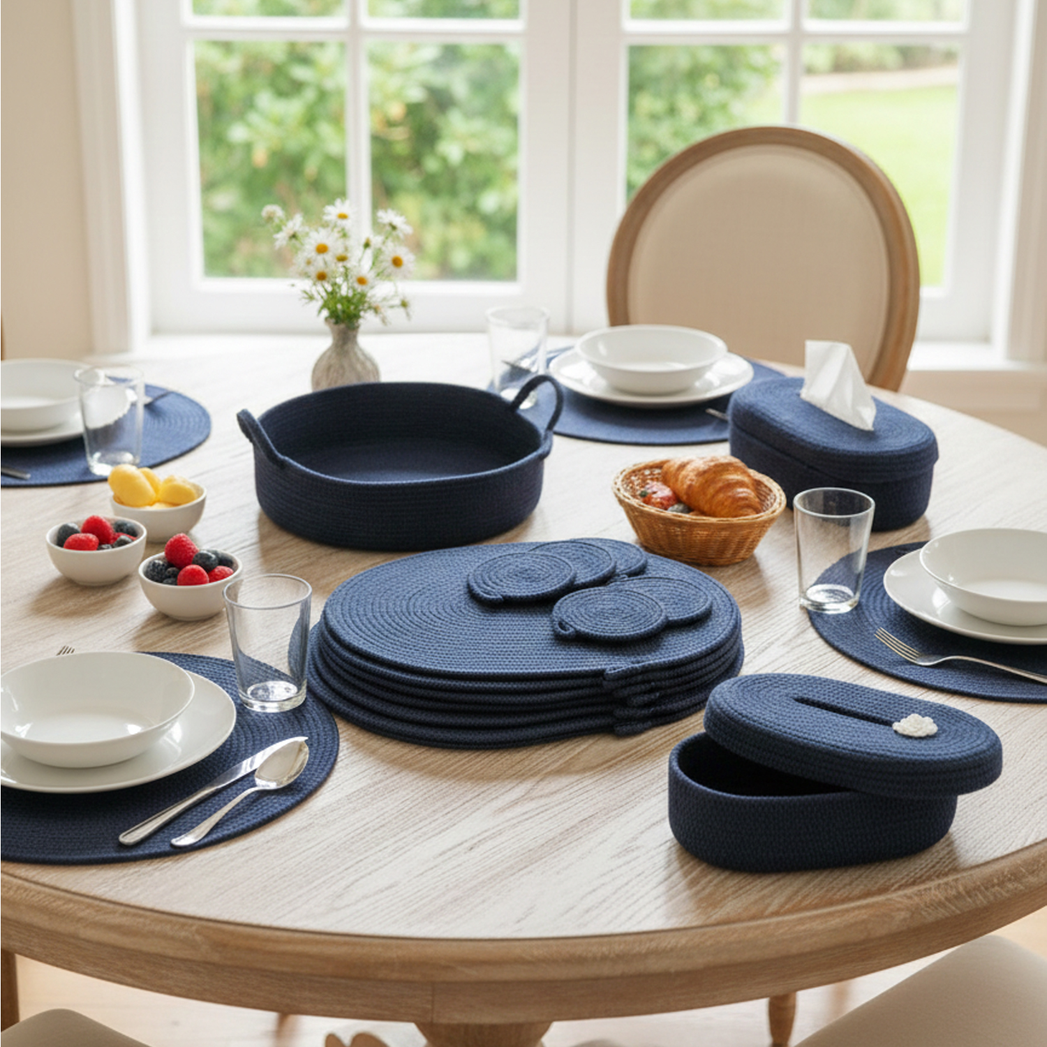 Handmade Navy Blue Cotton Rope Dining Table Set | Placemats, Coasters, Basket & Tissue Box Holder | Modern Table Decor Set