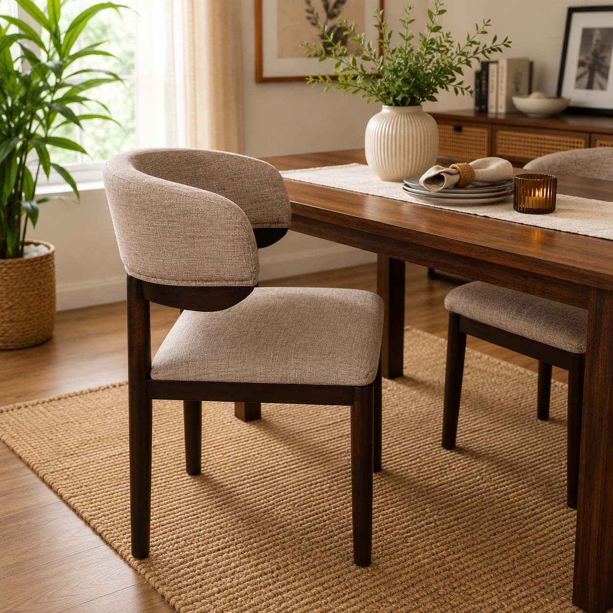 Modern Upholstered Wooden Dining Chair – Beige Fabric Accent Chair with Solid Wood Frame | Contemporary Dining & Living Room Chair