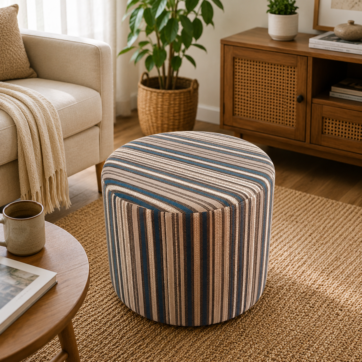 Modern Striped Upholstered Ottoman Stool for Living Room & Bedroom