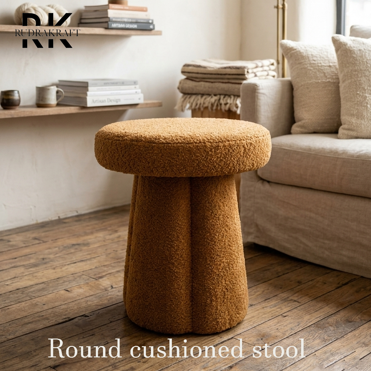 Modern Teddy Fabric Round Cushioned Stool for Living Room
