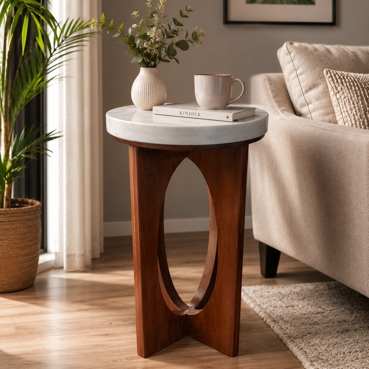 Luxury Marble Top Accent Side Table with Sculptural Wooden Base | Modern End Table