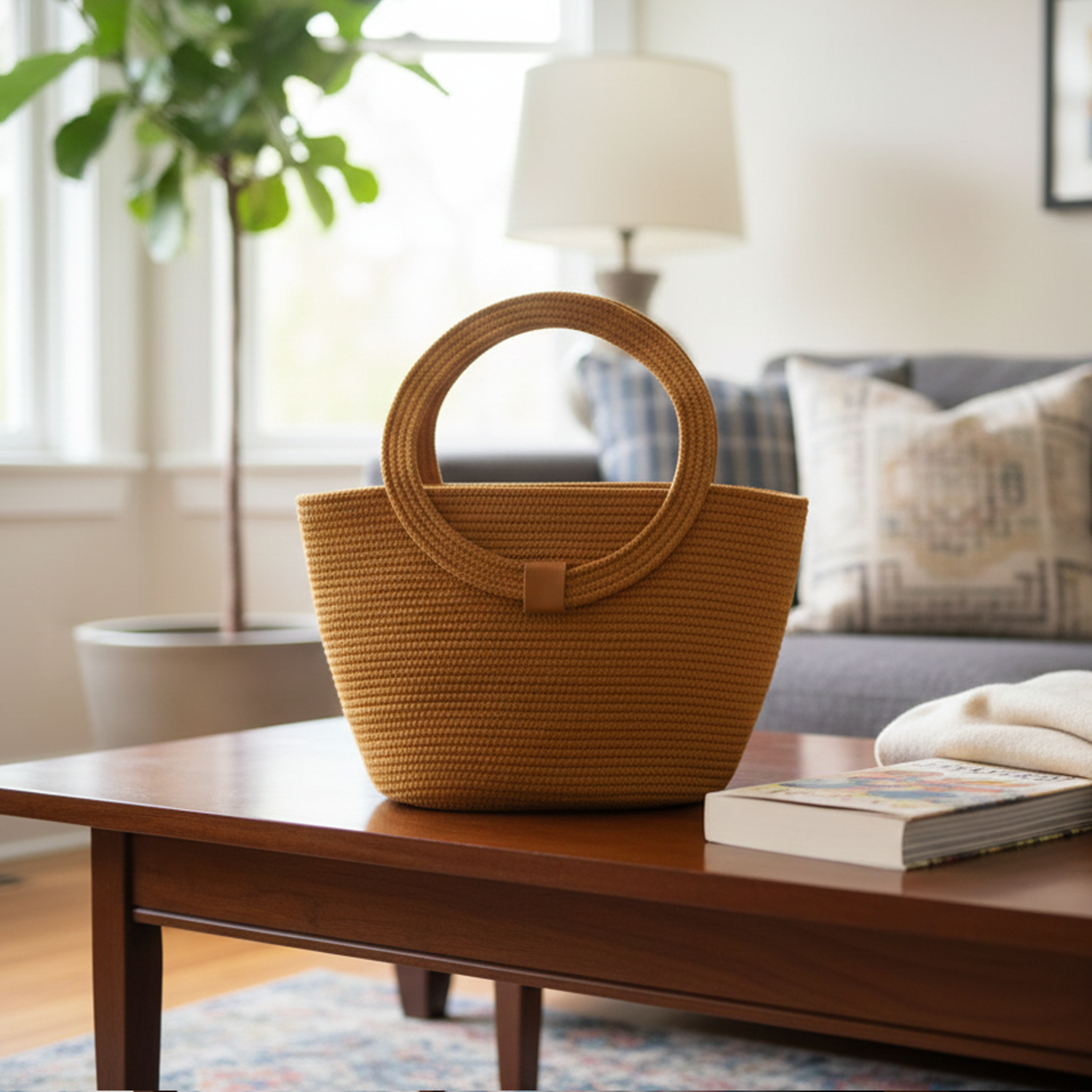 Handwoven Round Handle Tote Basket | Modern Rope Handbag & Storage Basket