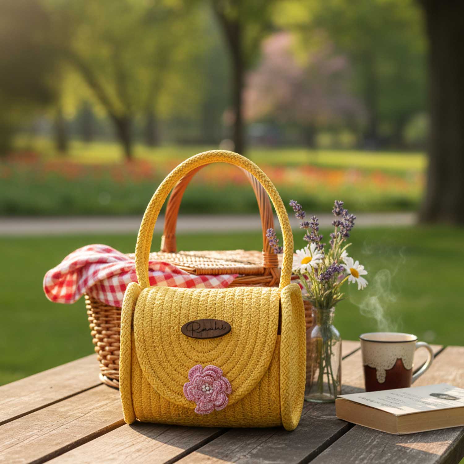 Handwoven Crochet Handbag for Women | Elegant Yellow Rope Purse with Floral Accent