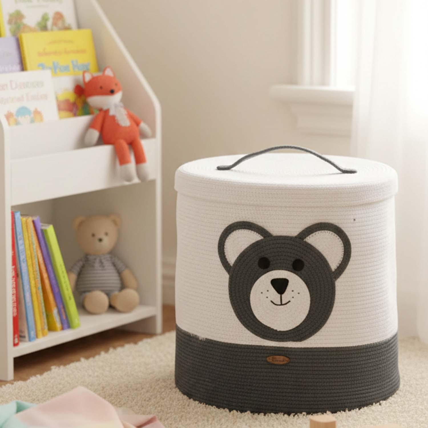Cute Bear Cotton Rope Storage Basket | Handmade Kids Toy Organizer Bin with Lid (Medium)