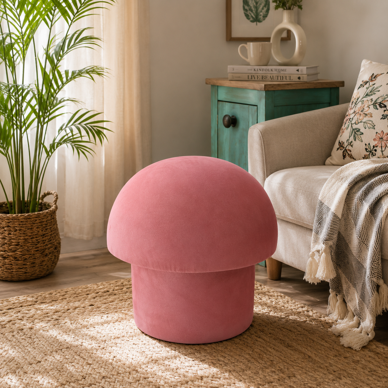Modern Mushroom Shape Velvet Ottoman Stool for Living Room