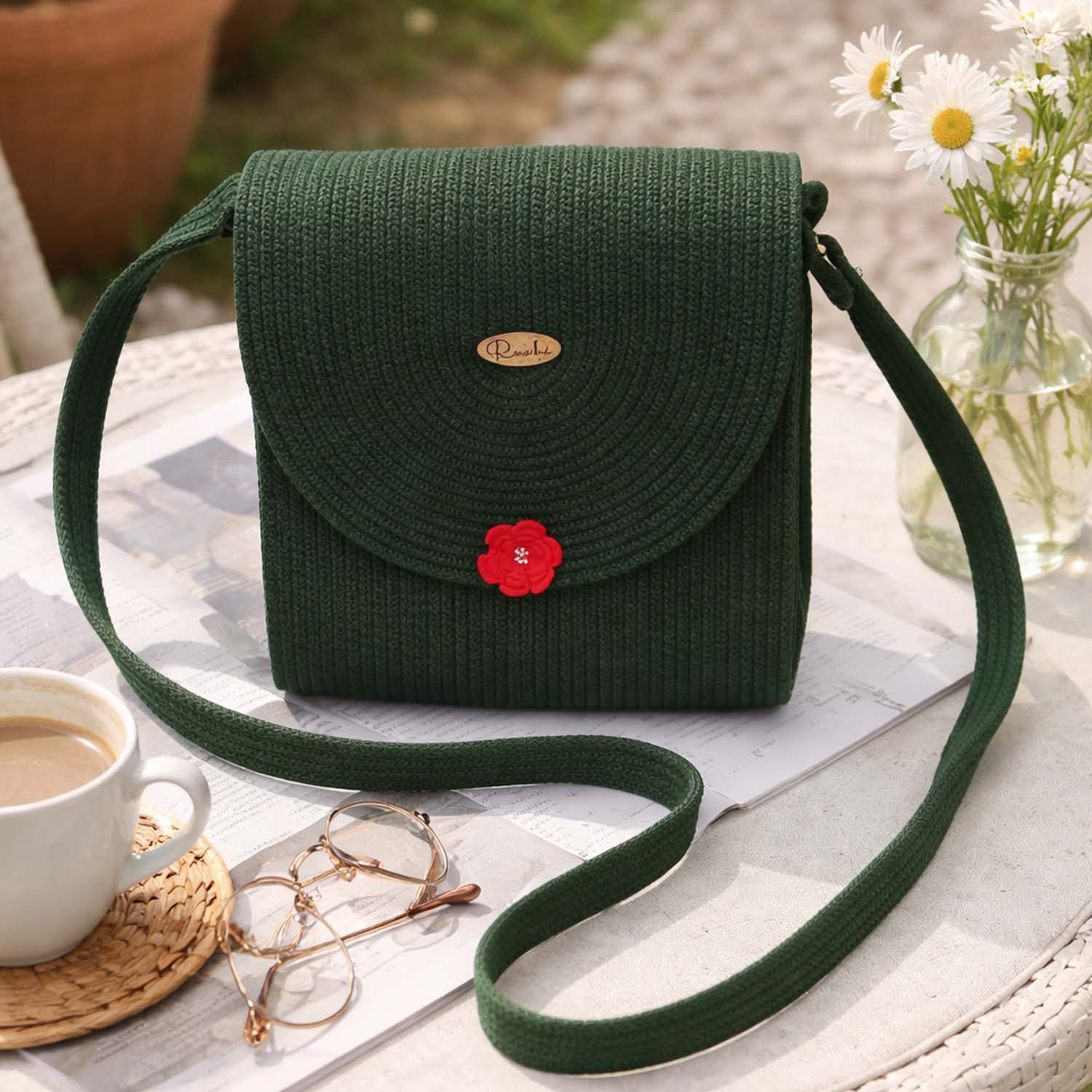 Handmade Dark Green Cotton Rope Crossbody Bag – Woven Shoulder Purse for Women | Stylish Boho Everyday Sling Handbag