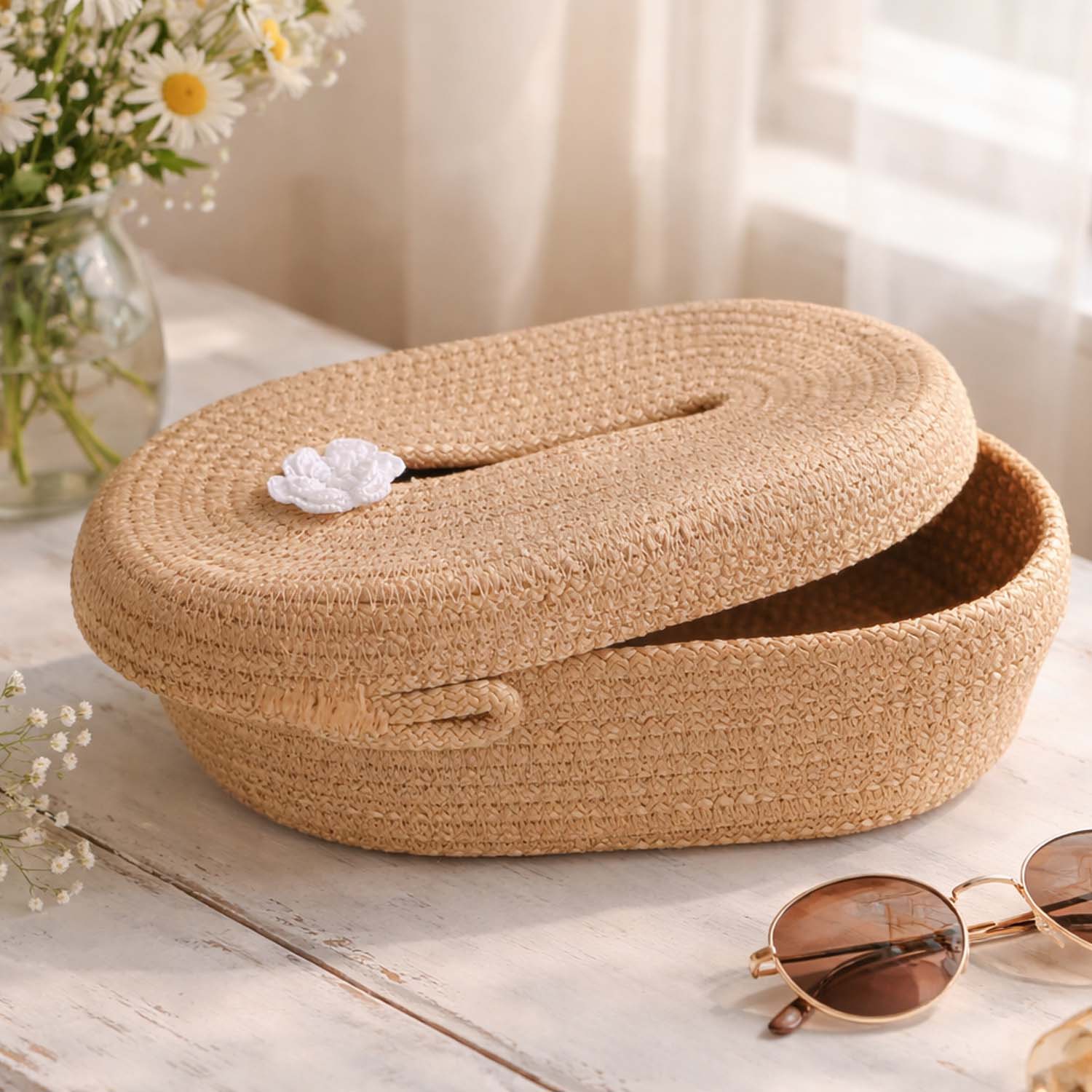 Handmade Cotton Rope Tissue Box Cover Basket with Lid | Decorative Woven Tissue Holder Organizer | Oval Cotton Rope Tissue Storage Box | Bathroom, Vanity & Home Décor Tissue Dispenser Cover