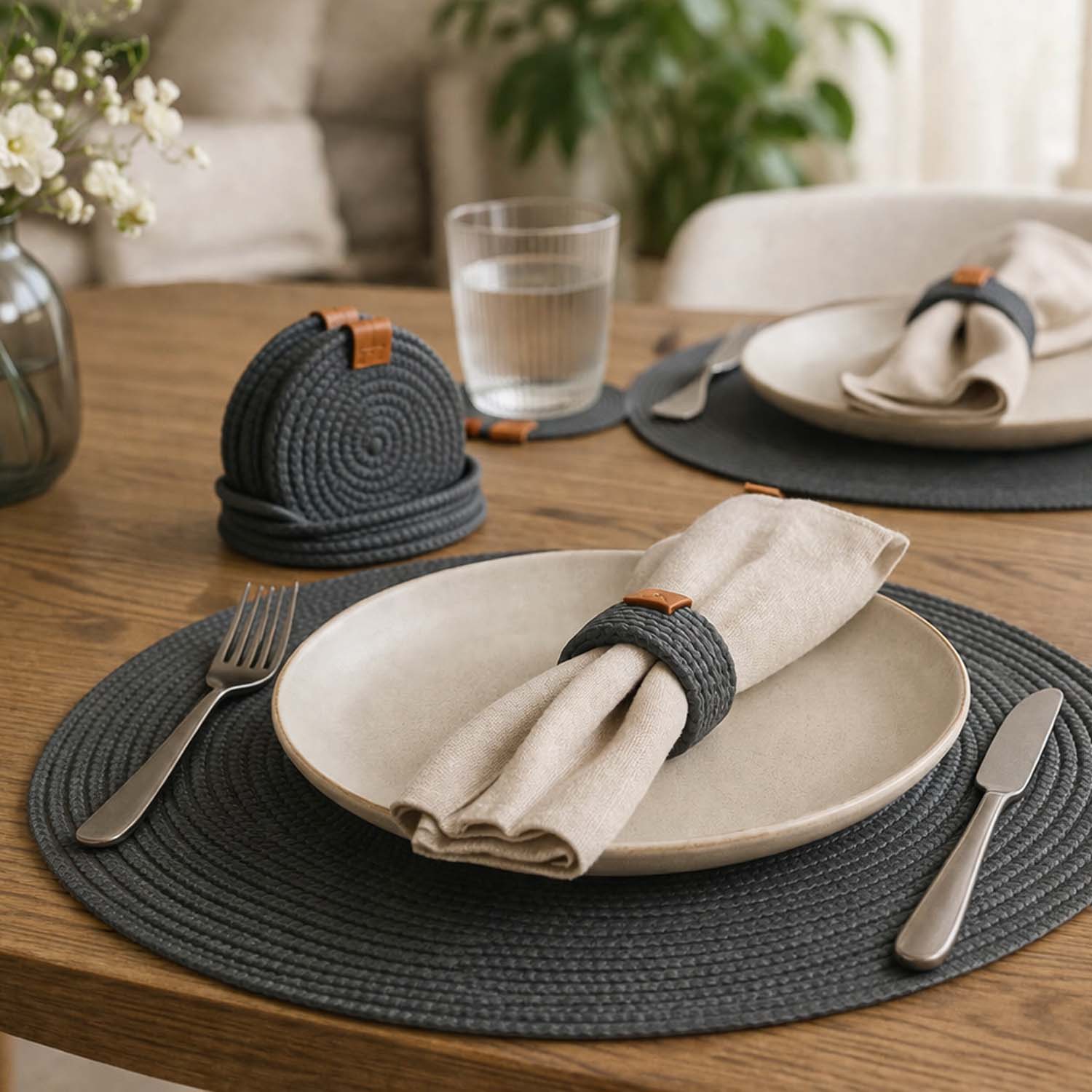 Handmade Cotton Rope Placemats & Coasters Set | Round Woven Table Mats for Dining Table | Modern Dining Place Mats with Matching Drink Coasters | Heat Resistant Kitchen Table Décor Set