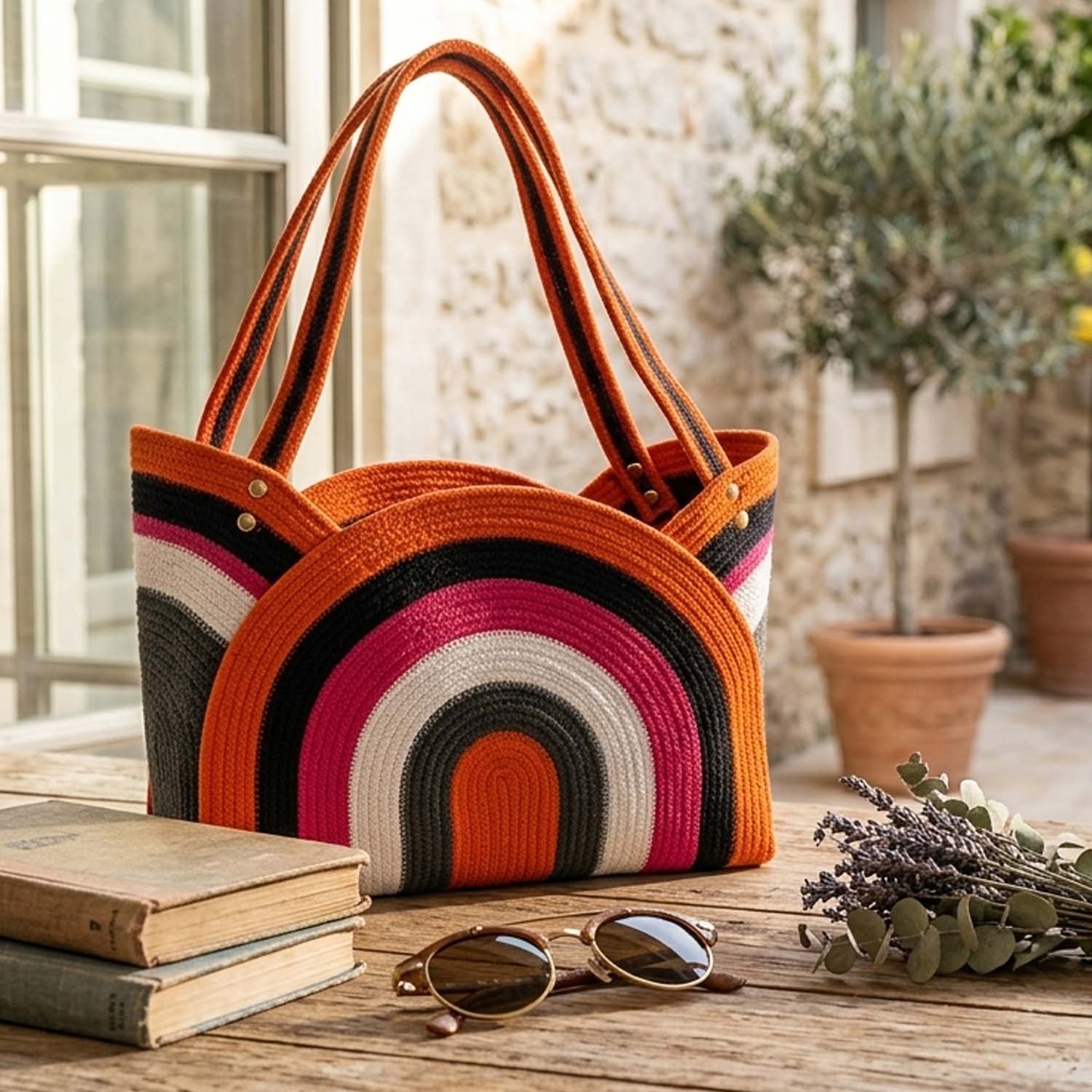 Handmade Rainbow Pattern Cotton Rope Tote Bag – Colorful Woven Shoulder Handbag for Women | Boho Everyday Carry Bag