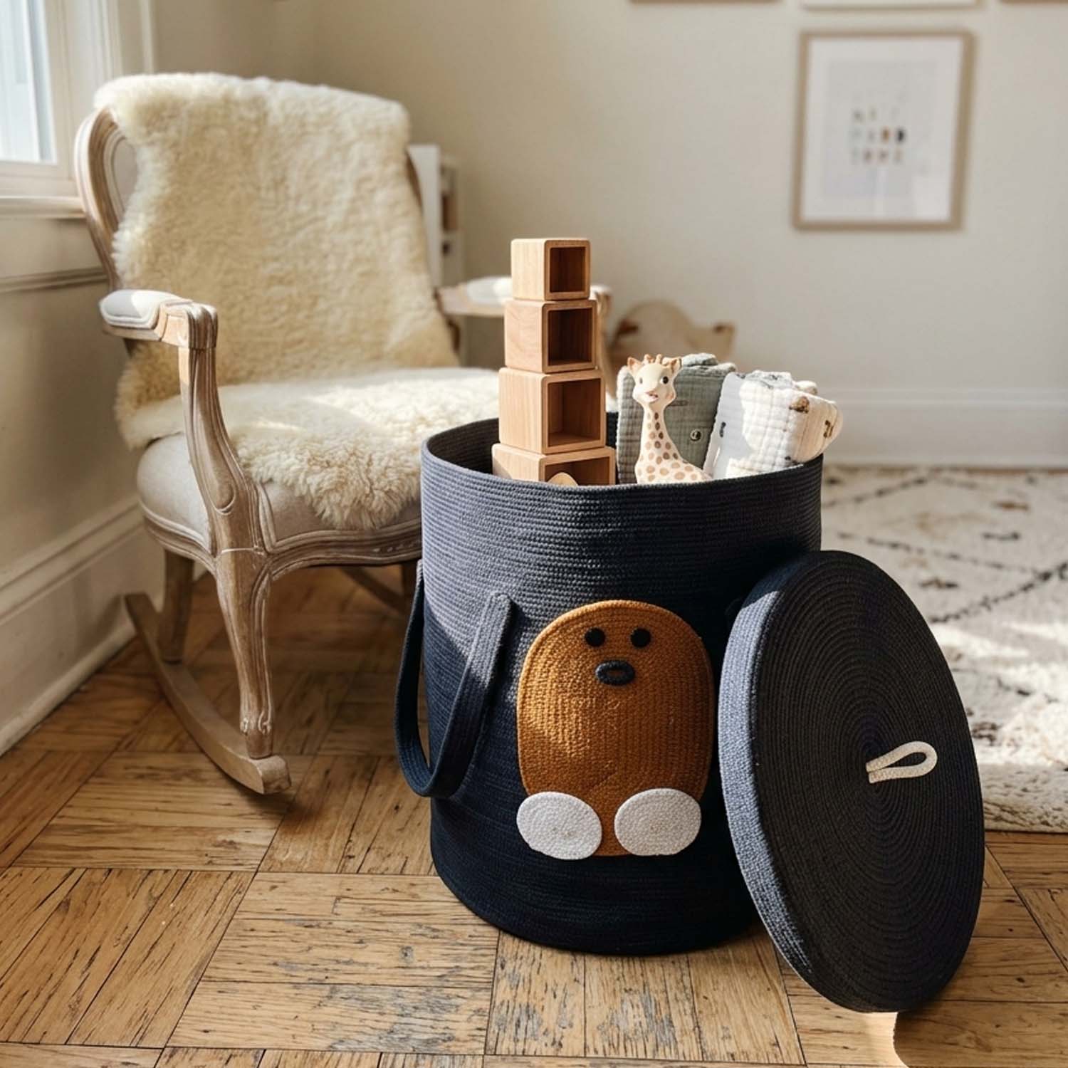 Handmade Cotton Rope Toy Storage Basket with Lid | Kids Nursery Organizer Bin | Decorative Woven Storage Basket with Cute Bear Design | Toy, Blanket & Laundry Basket for Kids Room