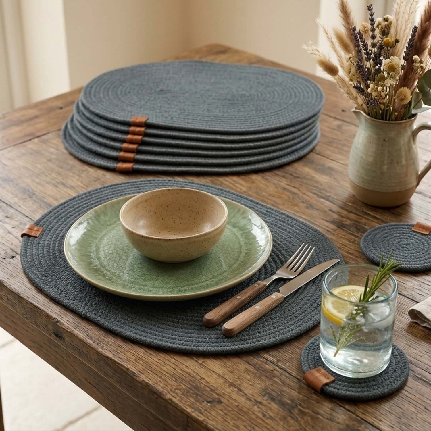 Dark Grey Oval Cotton Rope Placemats Set – Handmade Woven Dining Table Mats with Coasters & Napkin Rings | Heat Resistant Table Décor Set