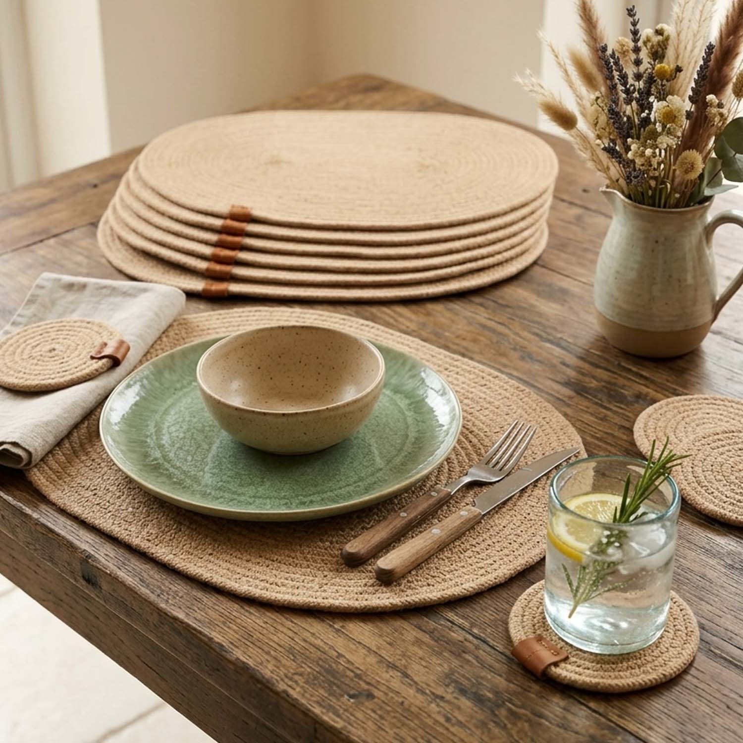 Handmade Cotton Rope Placemats & Coasters Set – Oval Woven Dining Table Mats with Matching Coasters | Heat Resistant Table Décor | Beige Table Linen Set