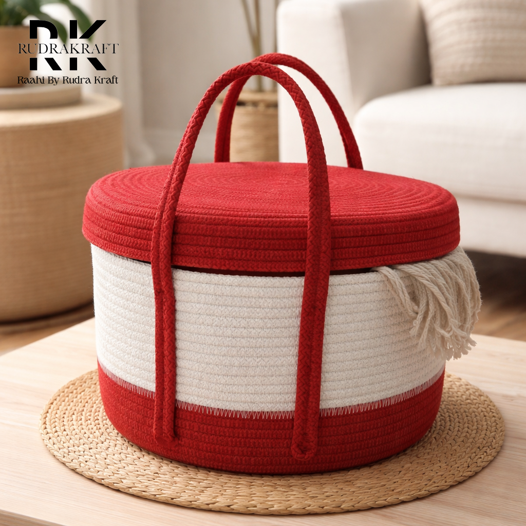 Handmade Cotton Rope Storage Basket with Lid & Handles | Decorative Round Organizer Basket | Multi-Purpose Home Storage Container