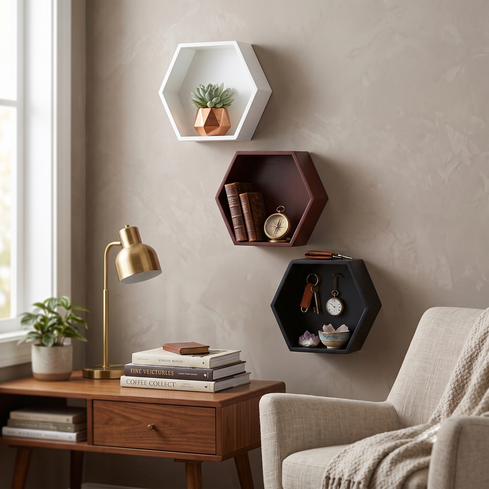 Hexagon Wall Shelf Set of 3 – MDF Wooden Floating Display Shelves for Home Décor