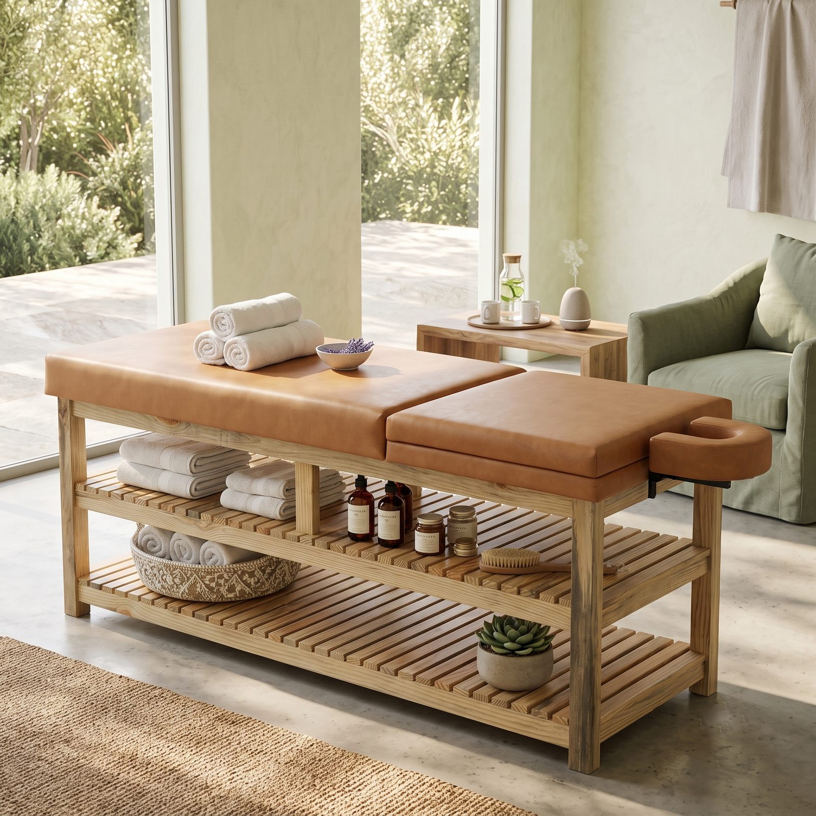 Wooden Massage Table – Professional Solid Wood Spa & Massage Bed with Storage Shelves