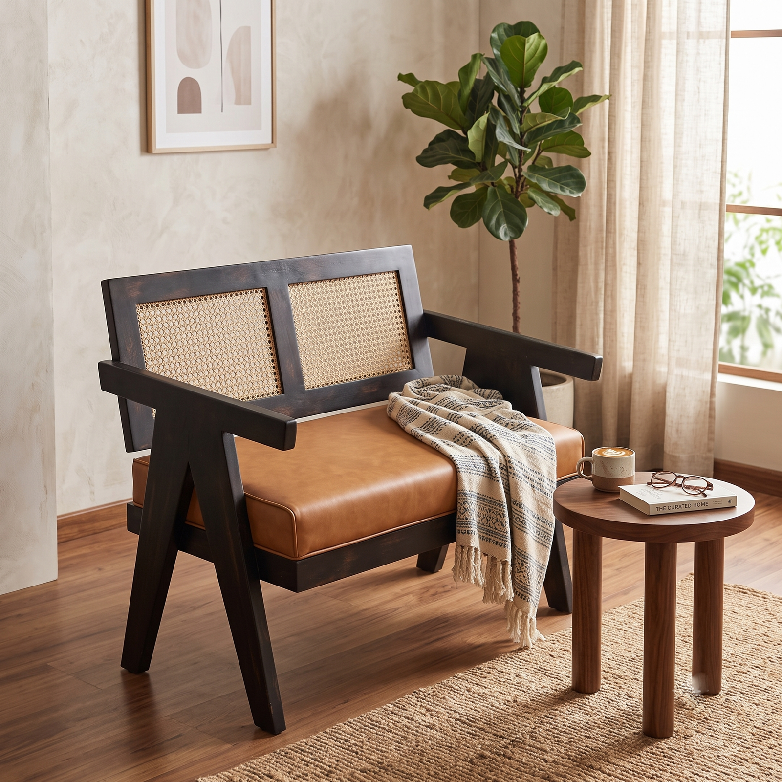 Solid Wood Cane Chair – Wooden Armchair with Woven Cane Backrest & Cushioned Seat