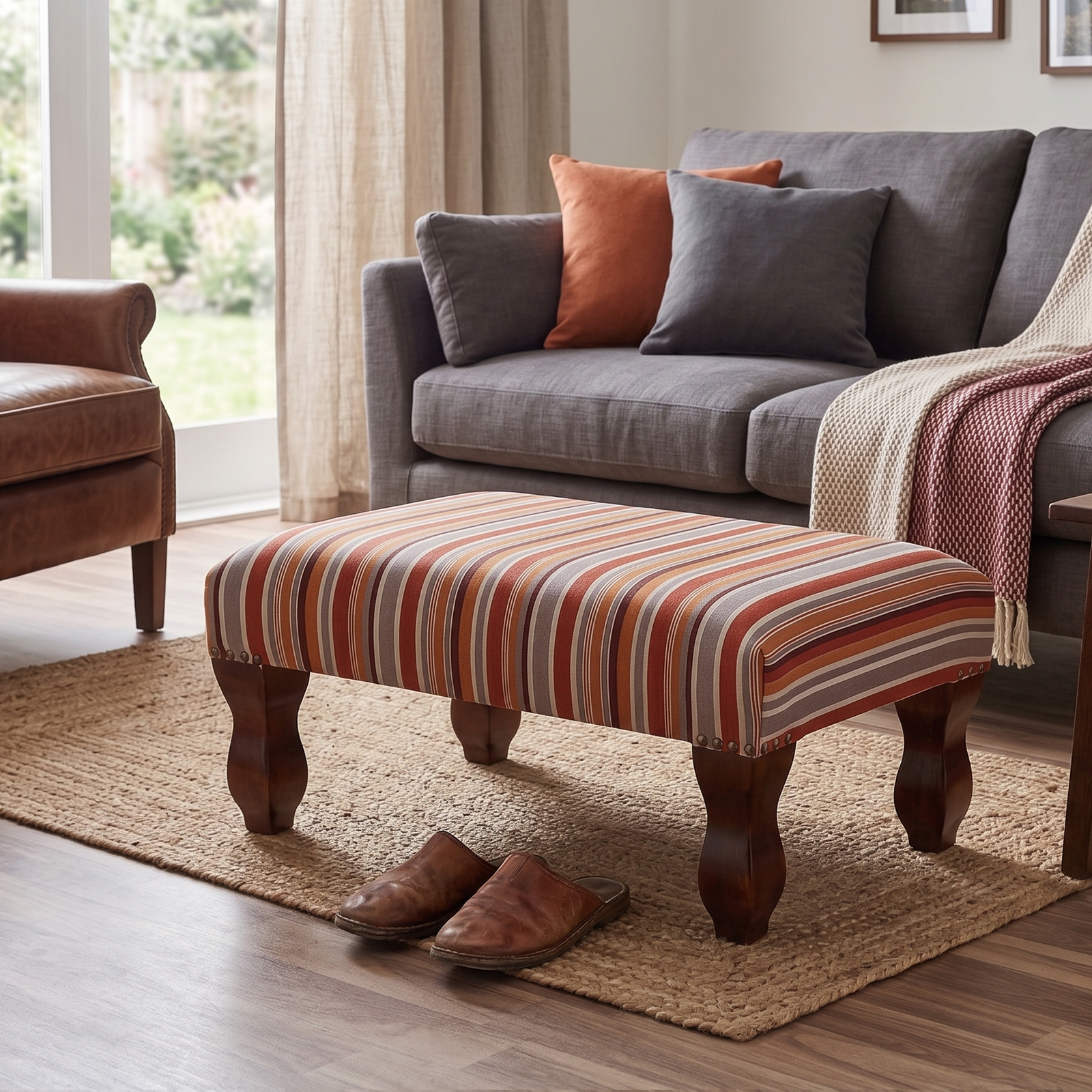 Upholstered Wooden Stool – Striped Fabric Footstool with Carved Wooden Legs