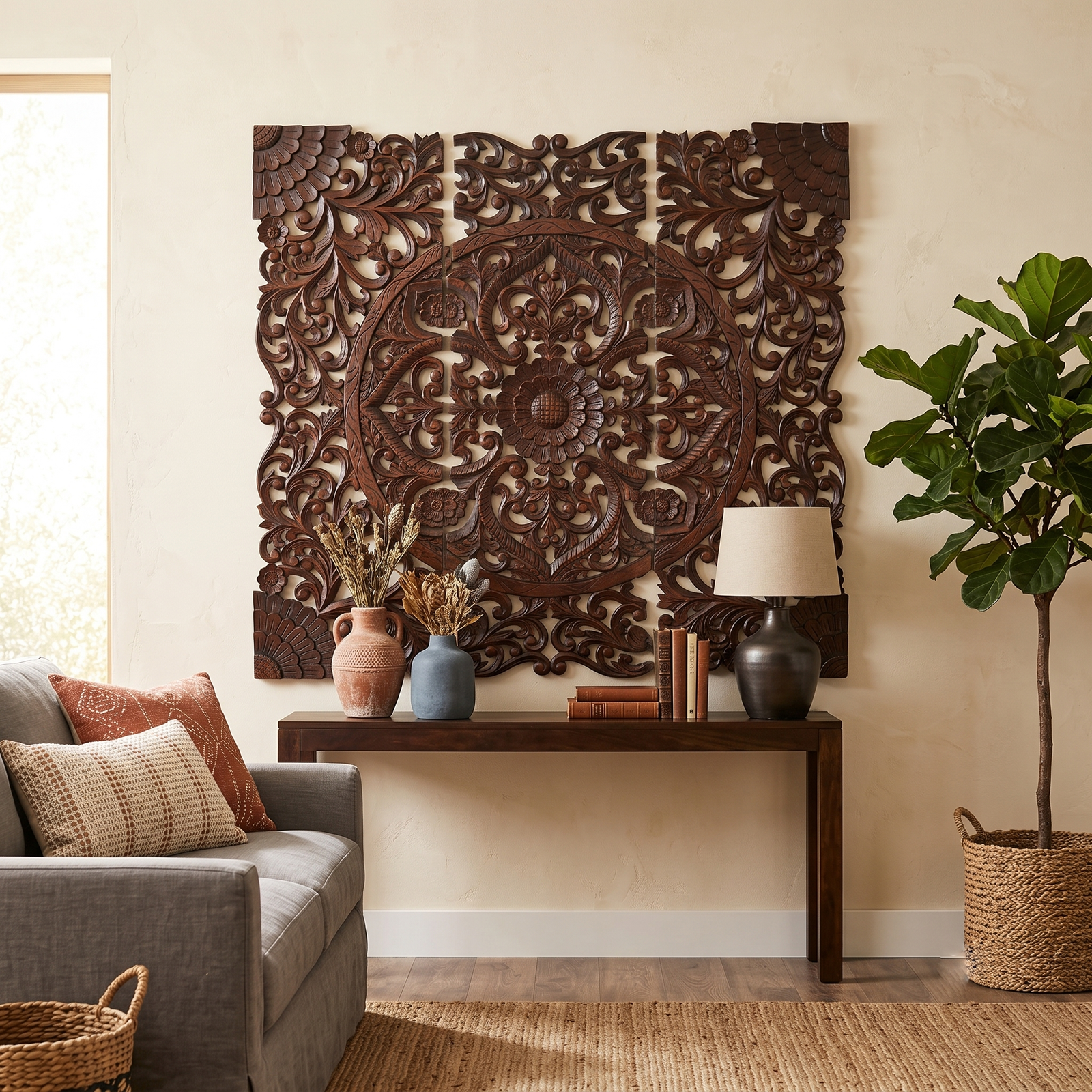 Carved Wooden Wall Decor Panel – Traditional Floral Mandala Wood Wall Art for Home Décor
